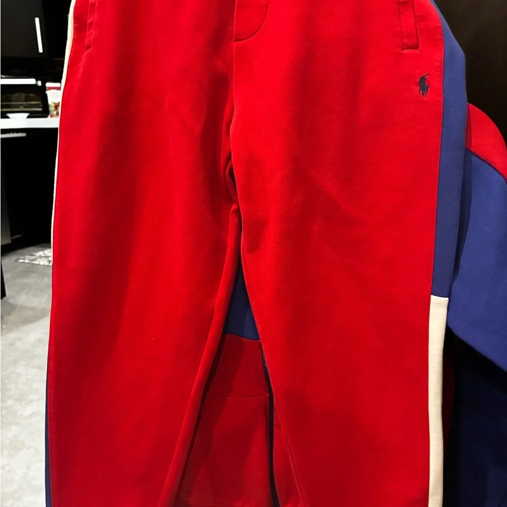 Polo by Ralph Lauren Men’s Red, Royal Blue & White Colorblock Crewneck Sweater